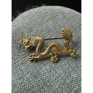 Vintage Chinese Dragon Brooch Gold Tone Asian Boho Whimsy Art To Wear
